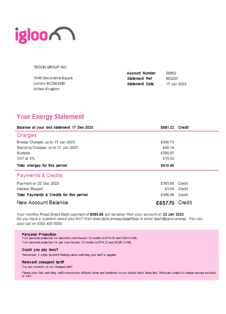 Igloo Energy utility business bill, SCR PSD template